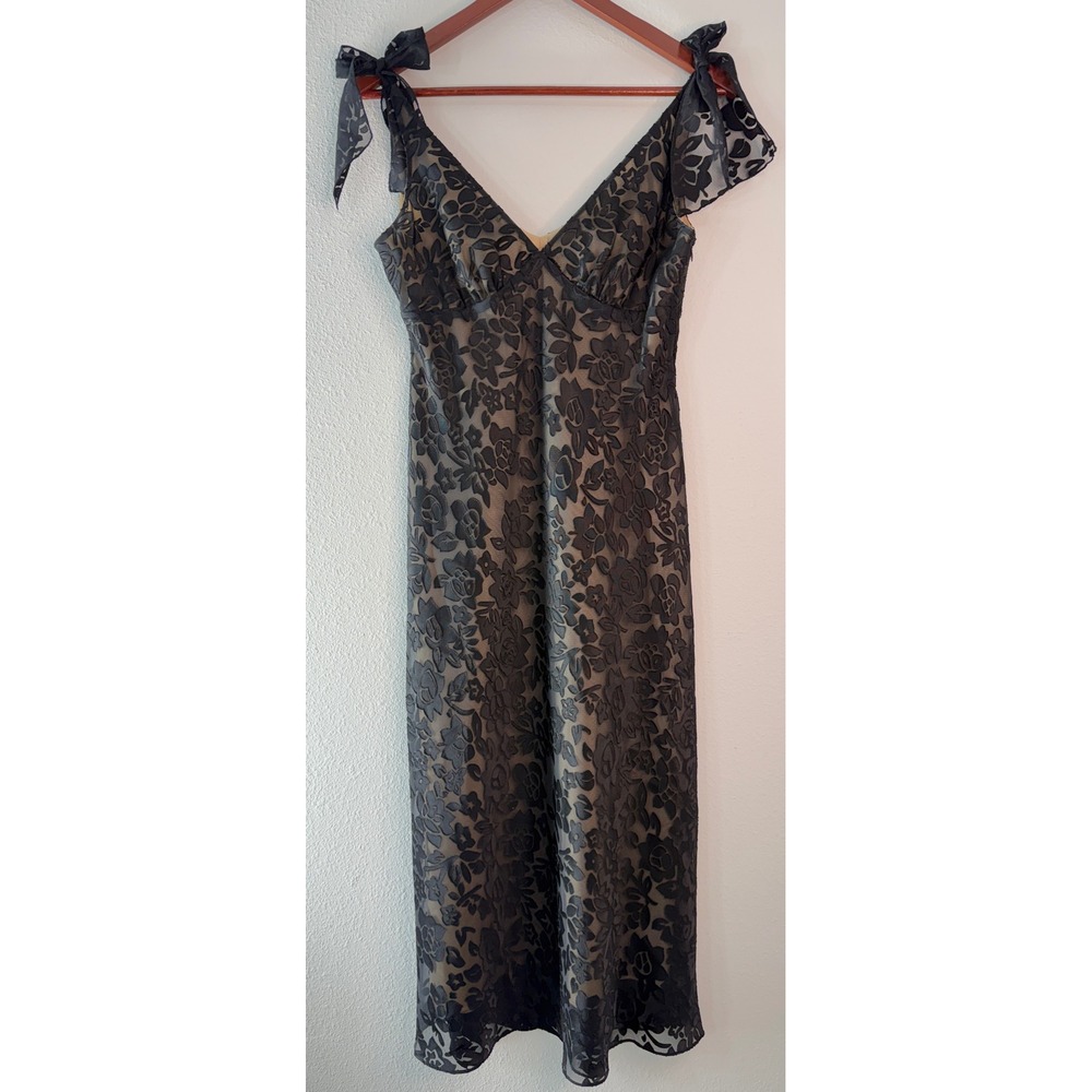 Y2K Evan Picone Black Floral Burnout Midi Dress Tie Shoulder Dark Romantic 4